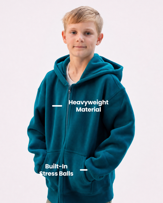 Grounding Kids Zip-Up Hoodie in Teal – heavyweight stress ball labels