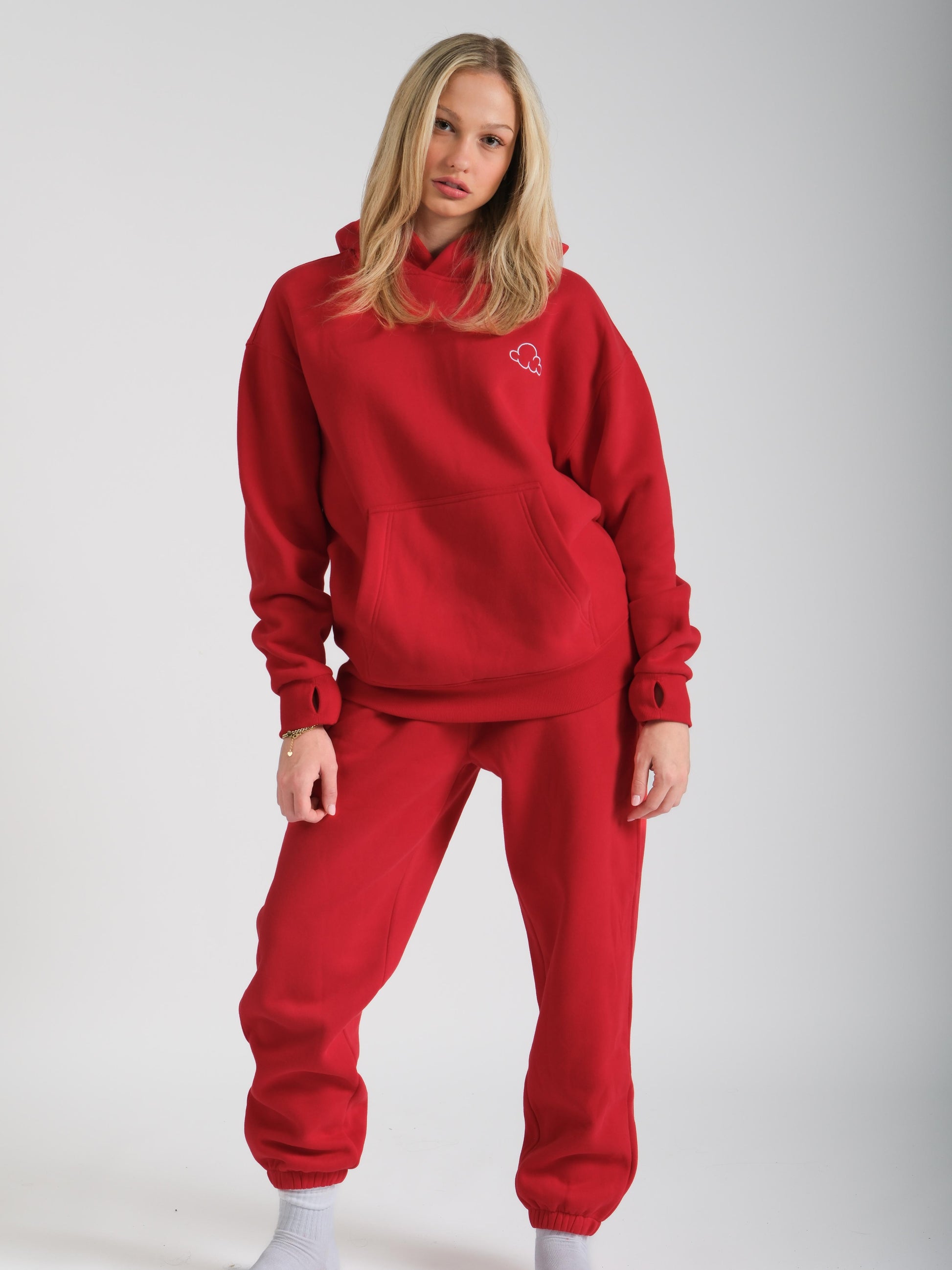 red hoodies and sweatpants
