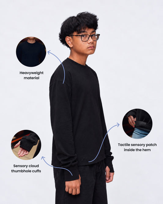 Black sensory kids long sleeve tee fabric detail