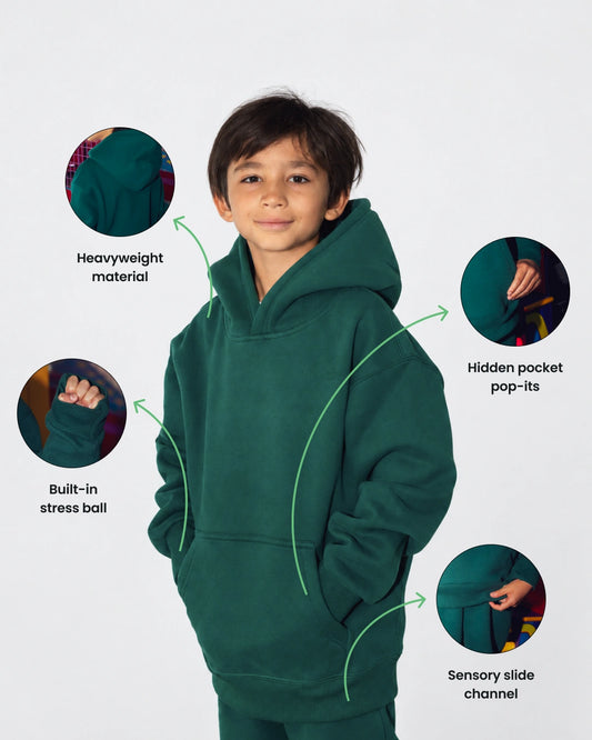 Soothe kids hoodie in Sea Green - Sensory features overview
