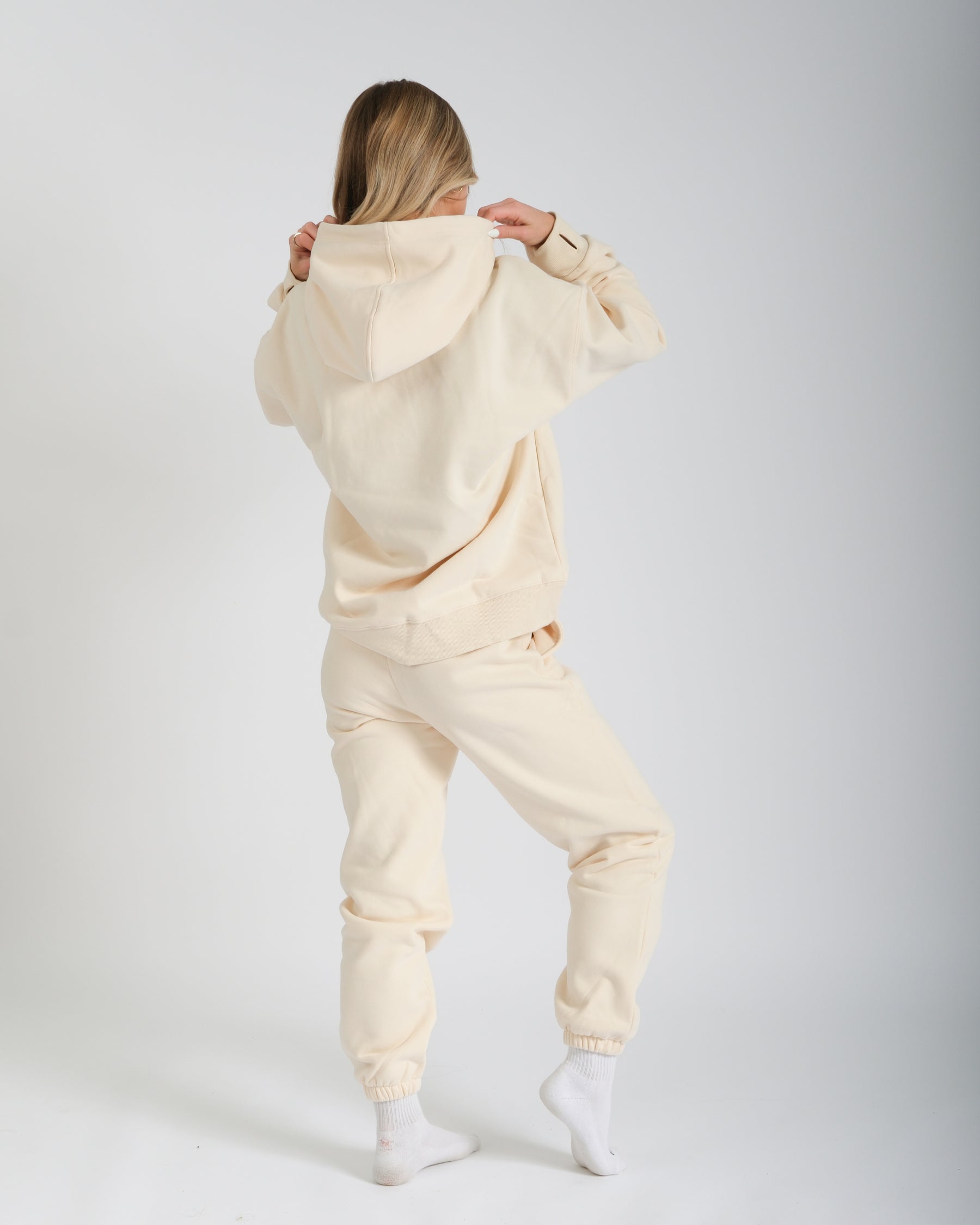Cloud Hoodie in Cream showing oversized cozy fit