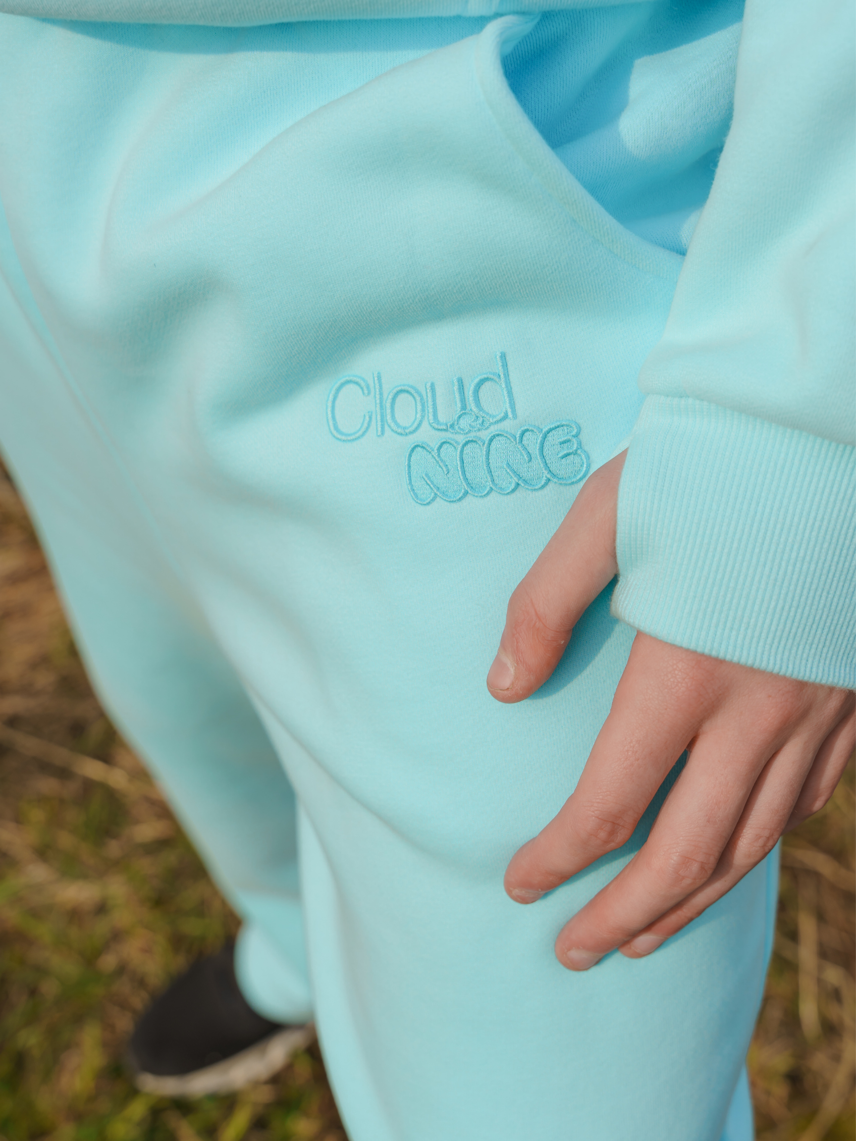 Pastel Cloud Sweatpants in Ice Blue Closeup