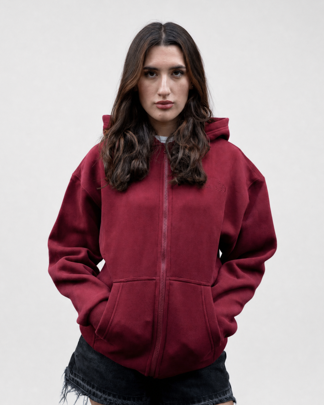 Grounding Zip-Up Hoodie in Burgundy – front model