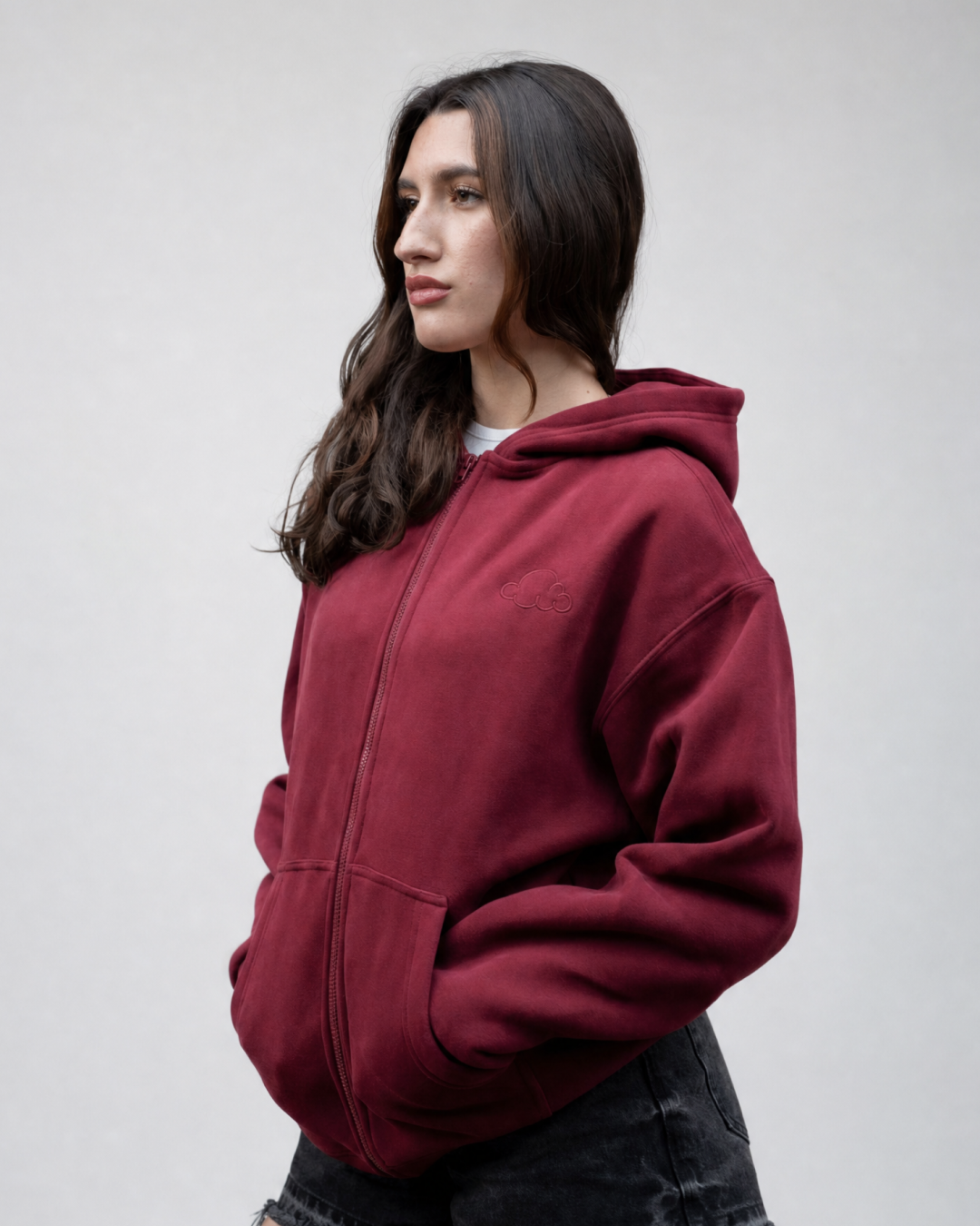 Grounding Zip-Up Hoodie in Burgundy – side model
