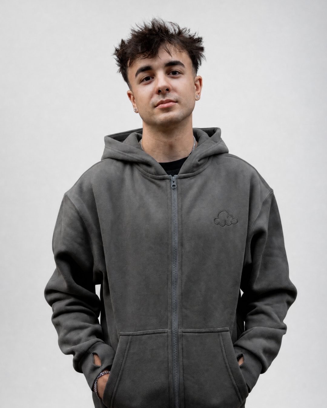 Grounding Zip-Up Hoodie in Moon Grey – front model