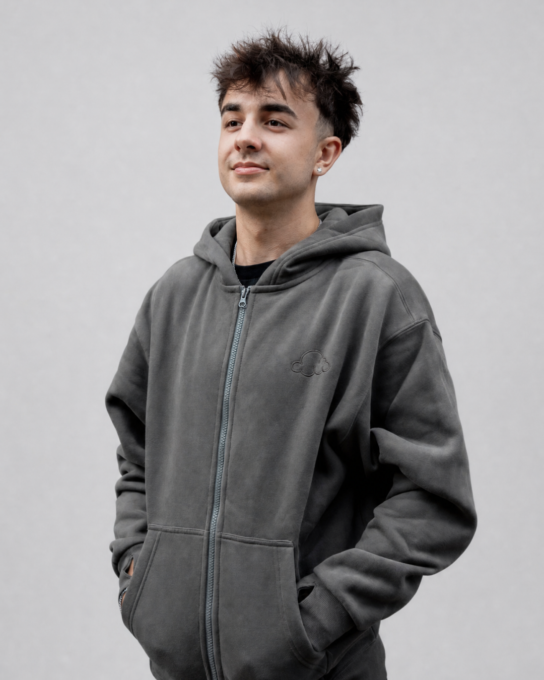 Grounding Zip-Up Hoodie in Moon Grey – side model