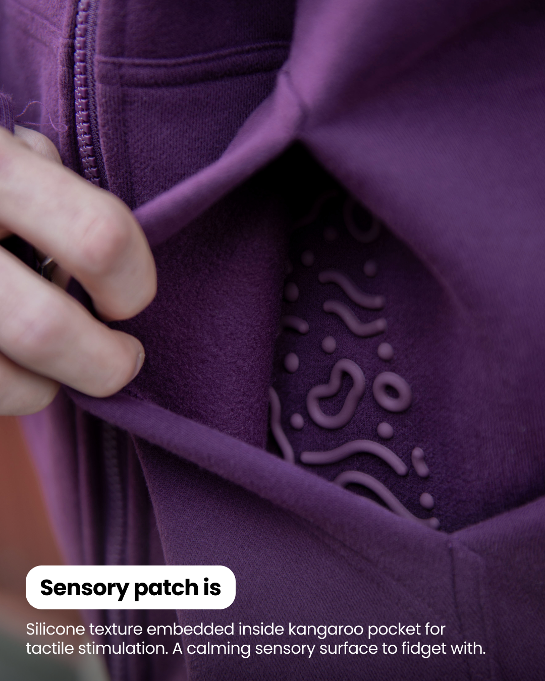 Grounding Zip-Up Hoodie in Plum – sensory patch