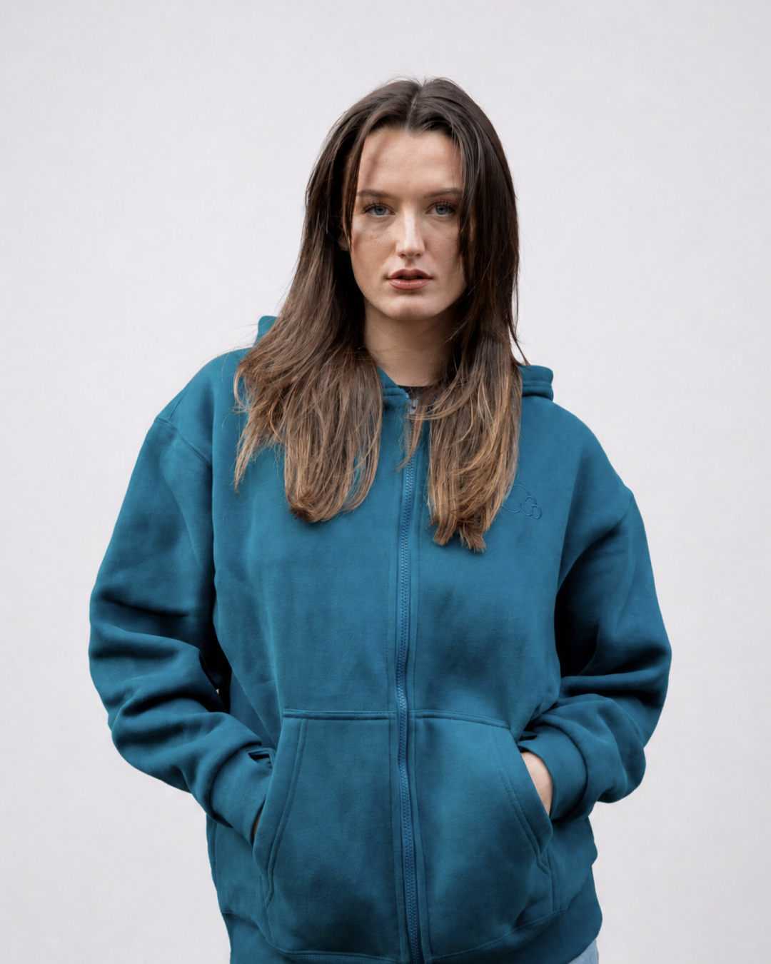 Grounding Zip-Up Hoodie in Teal – front model