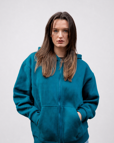 Grounding Zip-Up Hoodie in Teal – front model
