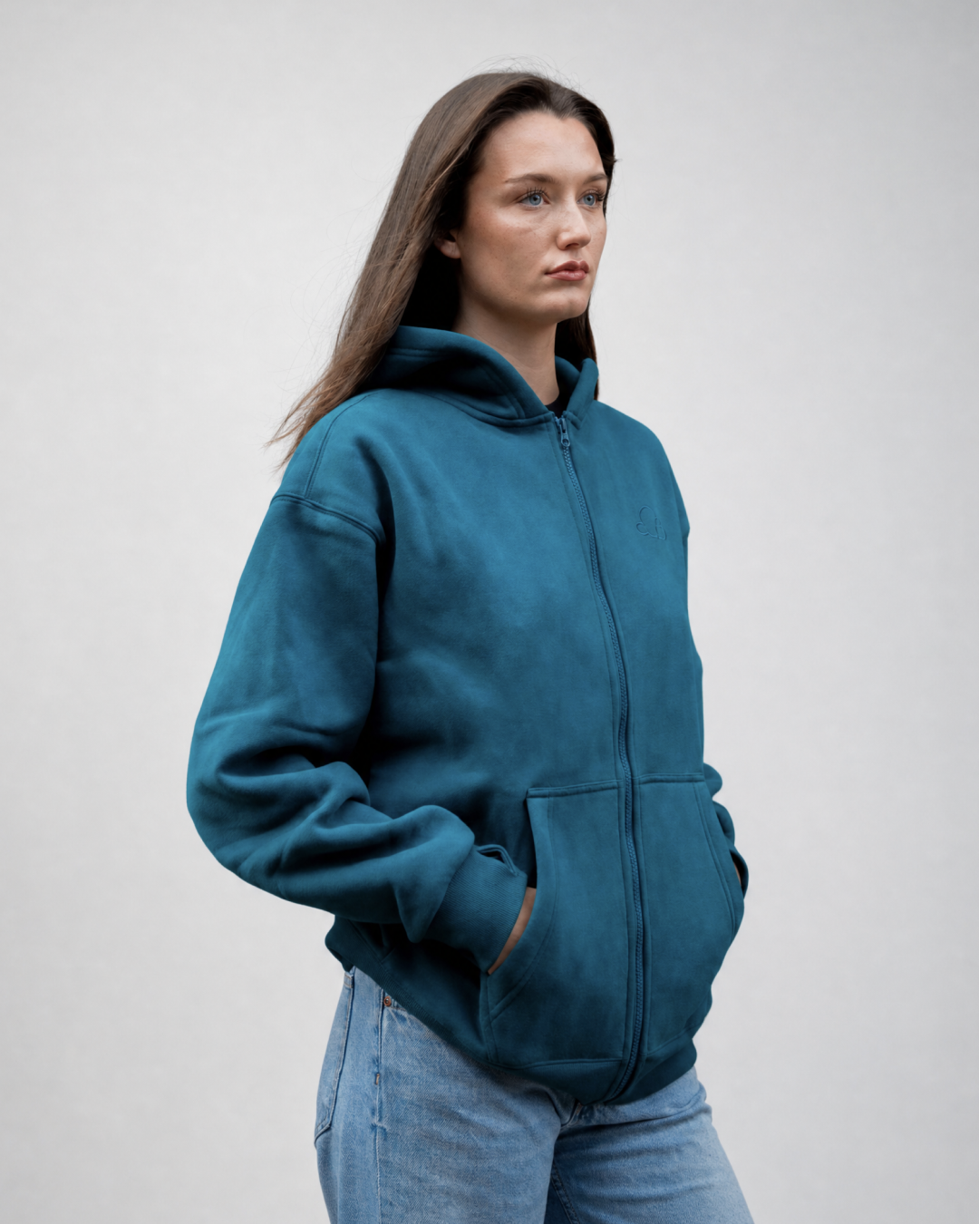 Grounding Zip-Up Hoodie in Teal – side model