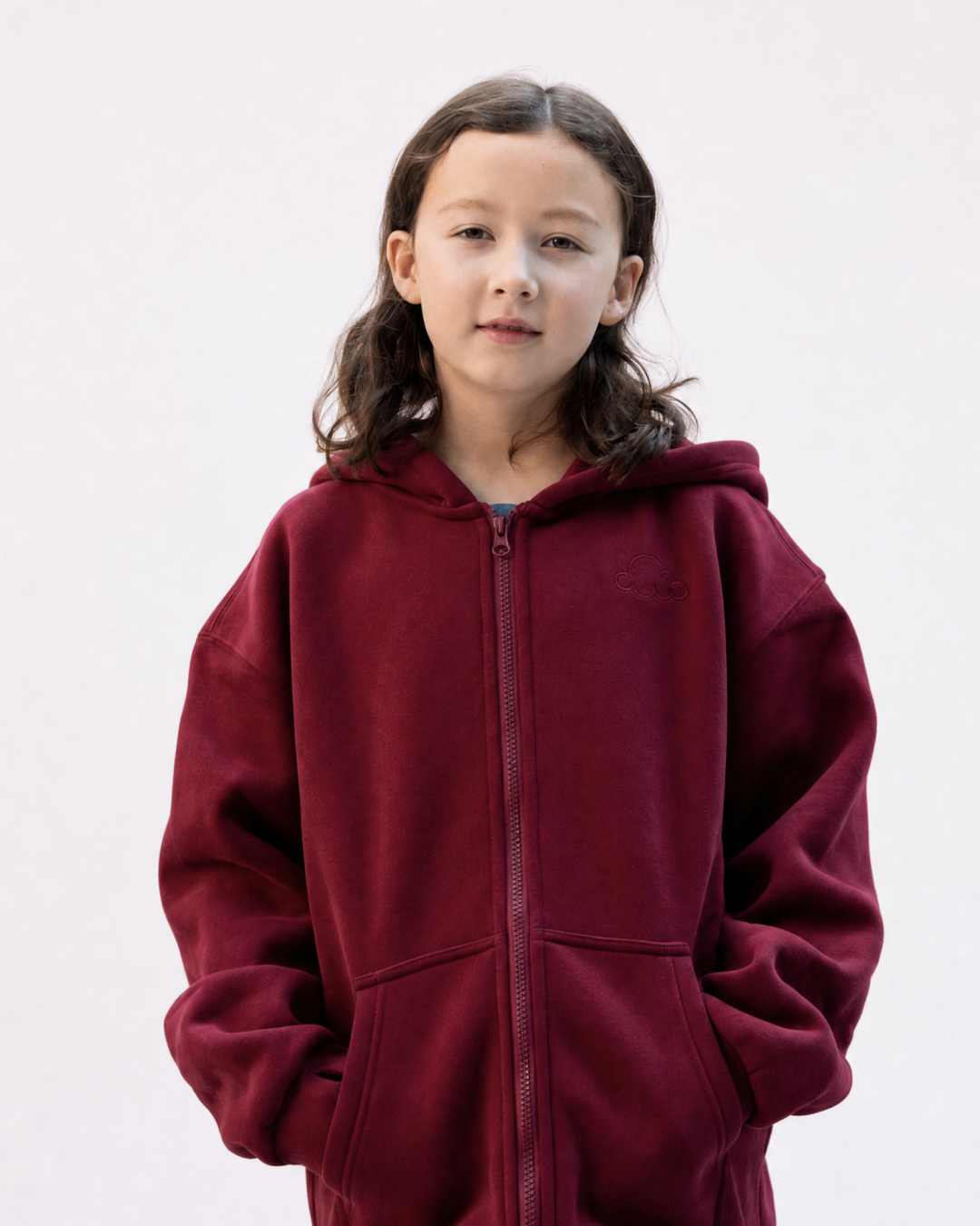 Grounding Kids Zip-Up Hoodie in Burgundy – front model