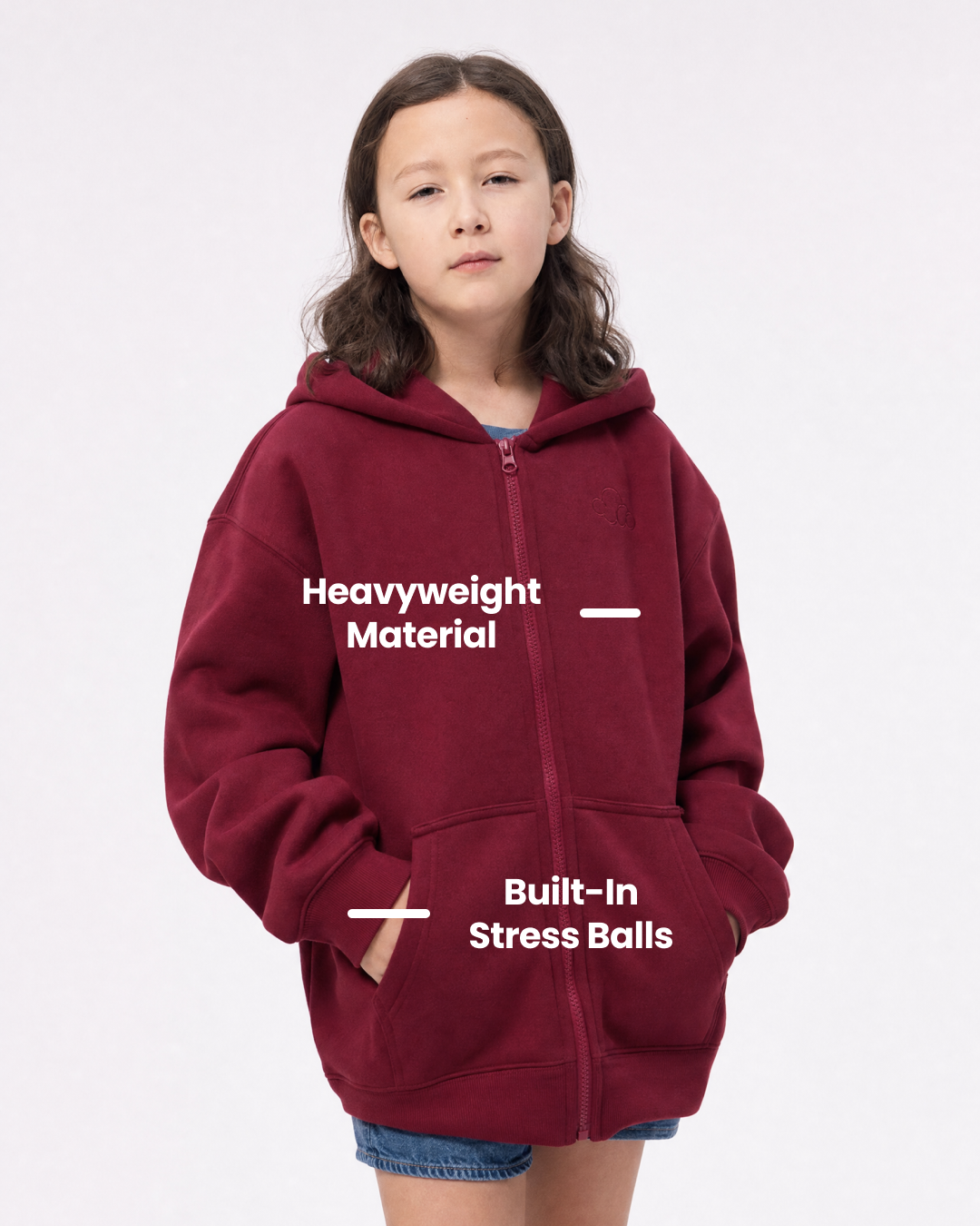 Grounding Kids Zip-Up Hoodie in Burgundy – heavyweight stress ball labels