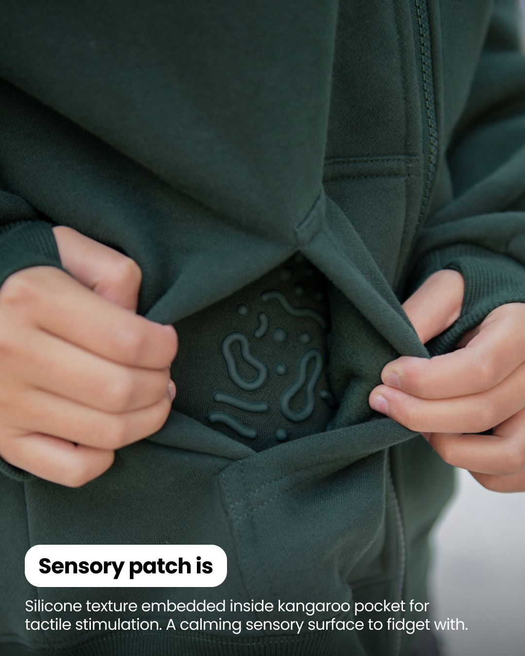 Grounding Kids Zip-Up Hoodie in Forest Green – sensory patch