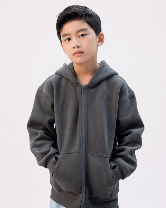 Grounding Kids Zip-Up Hoodie in Moon Grey – front model