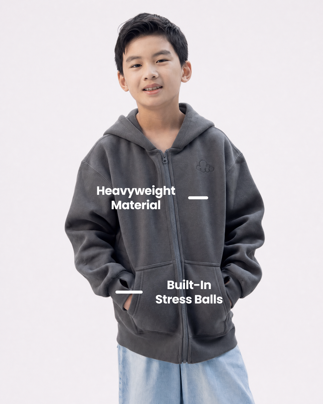 Grounding Kids Zip-Up Hoodie in Moon Grey – heavyweight stress ball labels