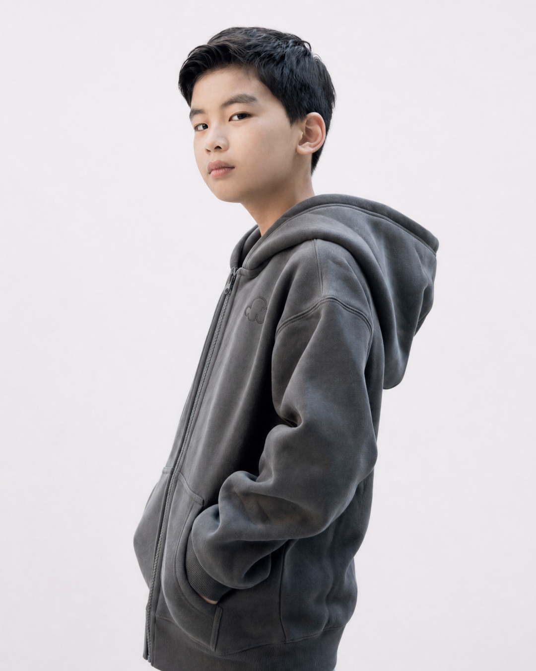 Grounding Kids Zip-Up Hoodie in Moon Grey – side model