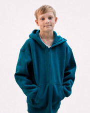Front view of the teal Grounding Kids Zip-Up Hoodie with its full-length zipper.