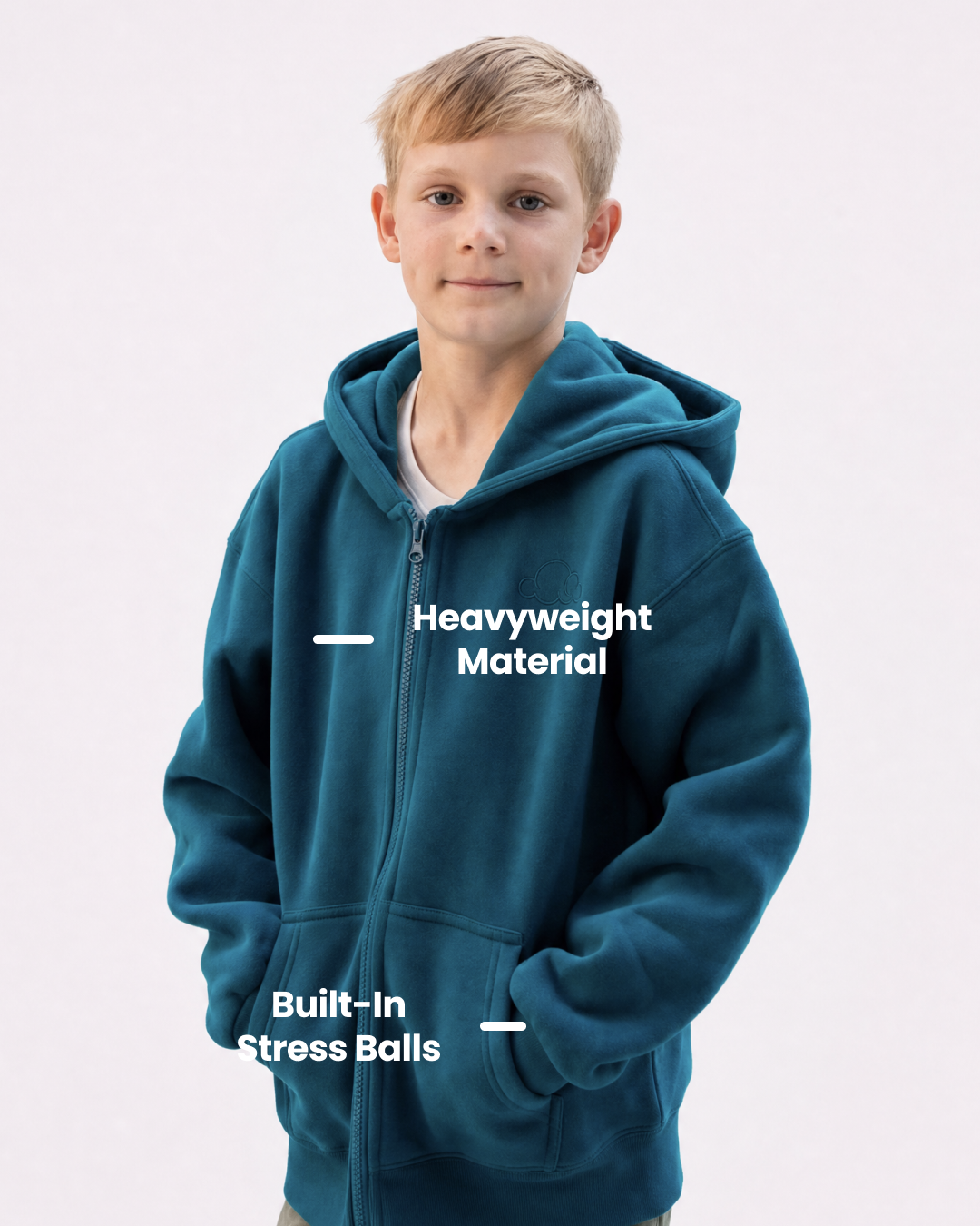 Grounding Kids Zip-Up Hoodie in Teal – heavyweight stress ball labels