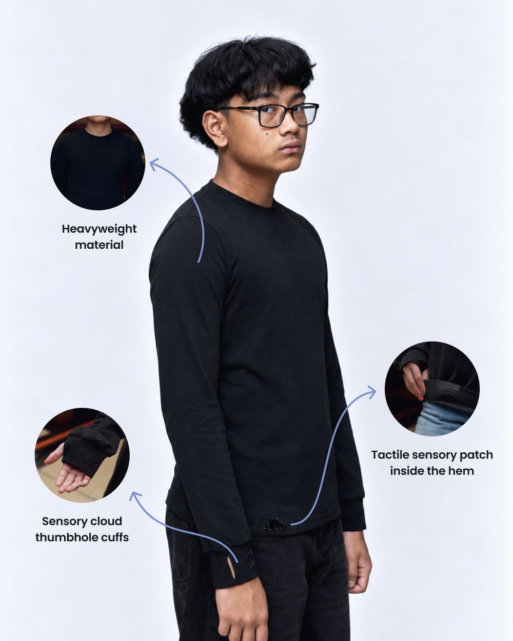 Black sensory kids long sleeve tee fabric detail