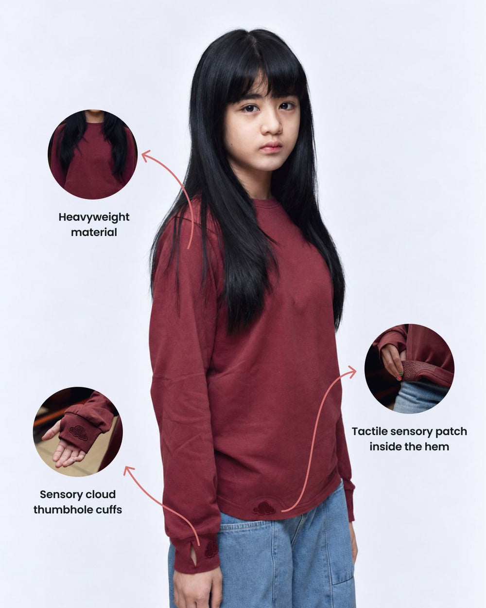 Oxblood Red sensory kids long sleeve tee fabric detail