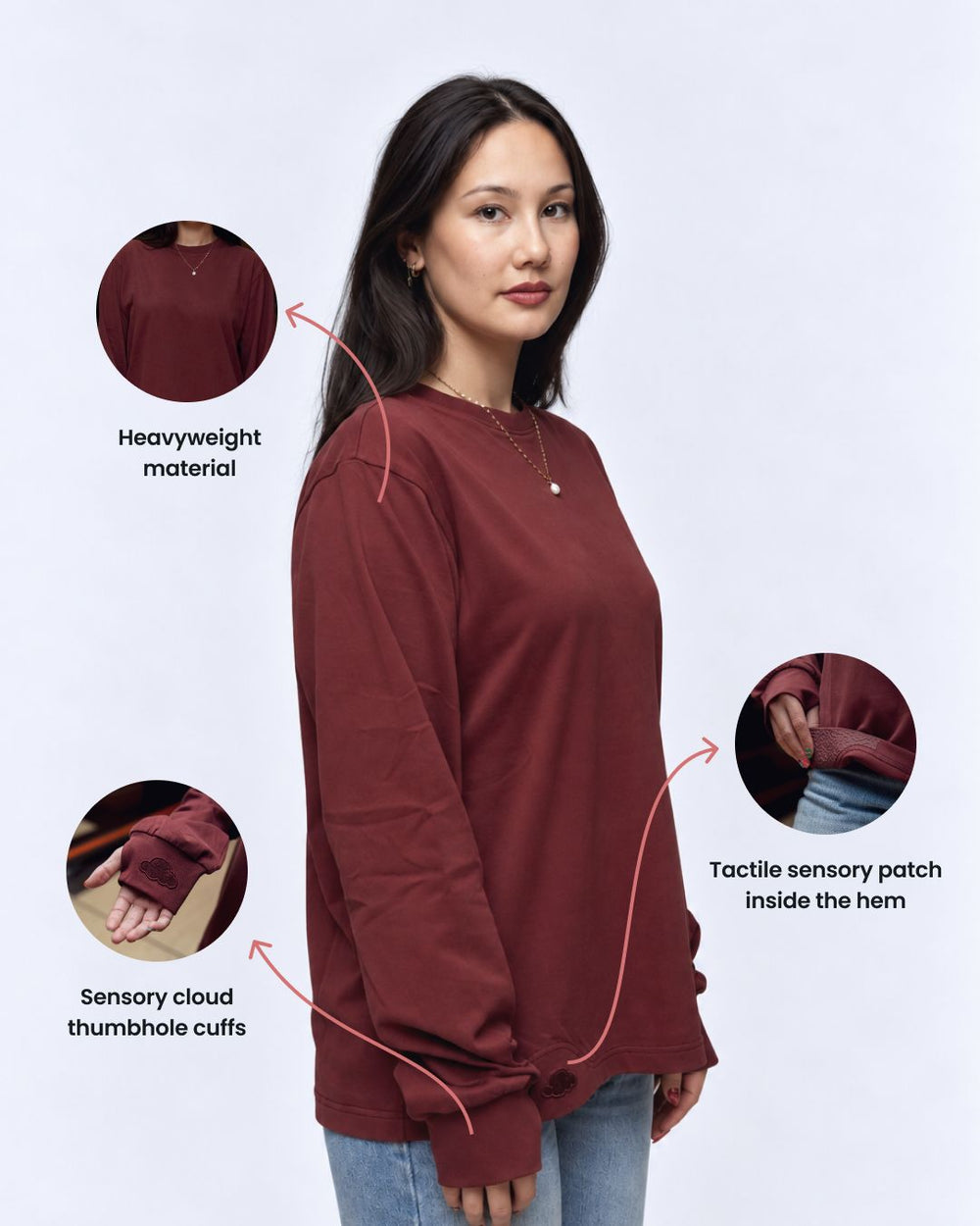 Oxblood Red sensory long sleeve tee fabric detail