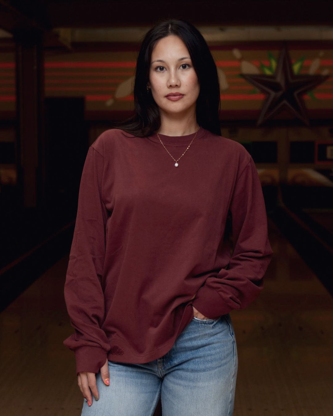 Oxblood Red sensory long sleeve tee detail