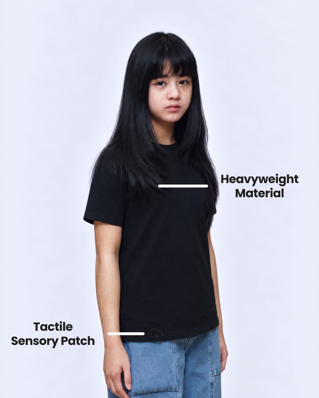 Black sensory kids t-shirt fabric detail