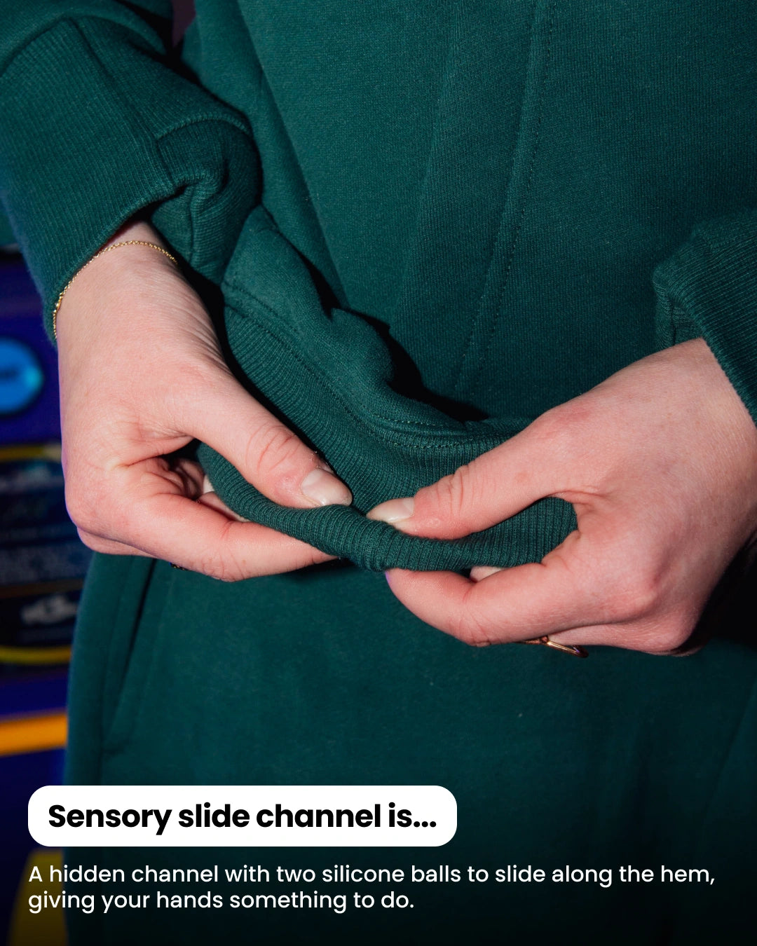 Soothe adult hoodie in Sea Green - Maze Sensory Channel at the front hem
