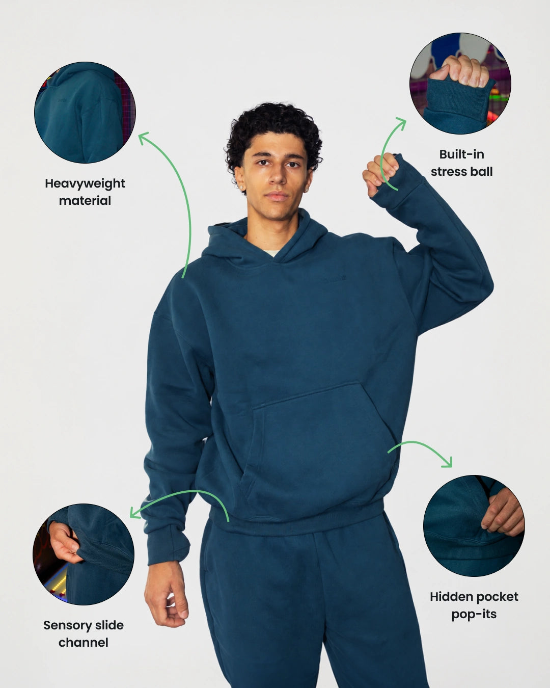 Soothe adult hoodie in Denim Blue - Sensory features overview