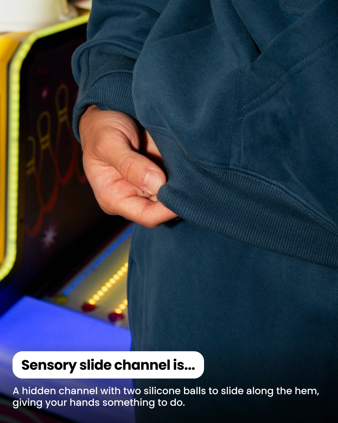 Soothe adult hoodie in Denim Blue - Maze Sensory Channel at the front hem