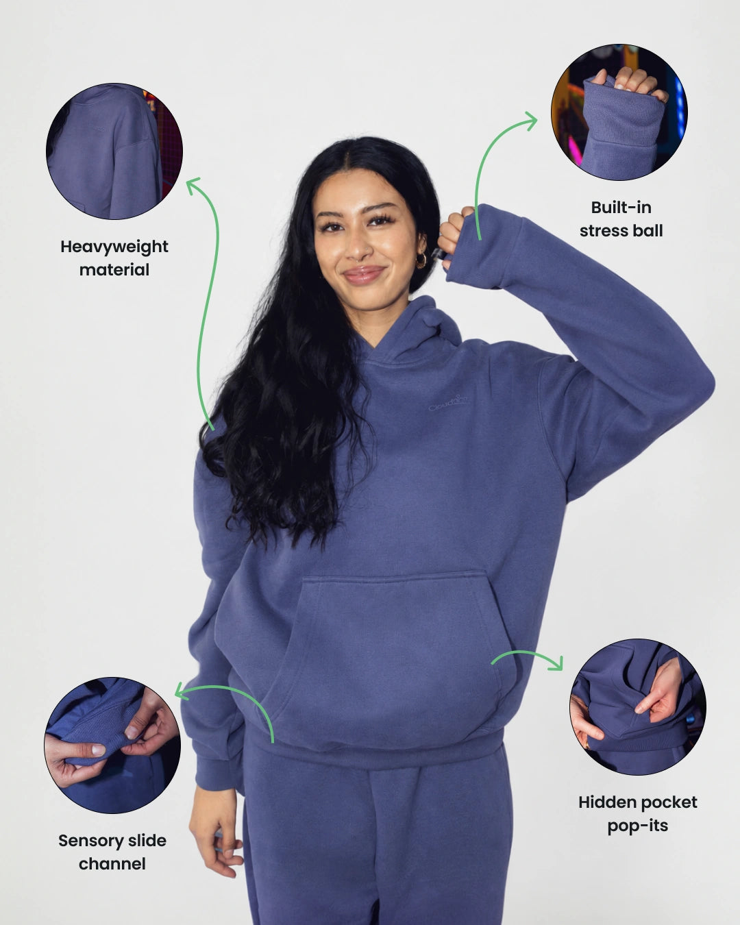 Soothe adult hoodie in Moonlit Purple - Sensory features overview