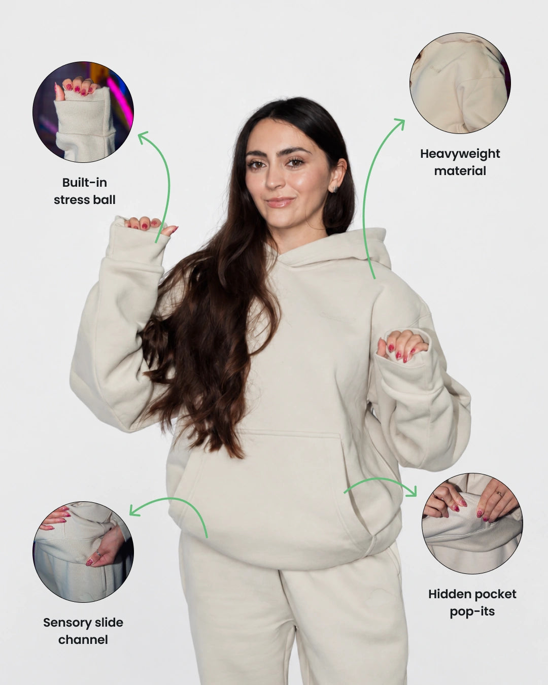 Soothe adult hoodie in Pearl - Sensory features overview