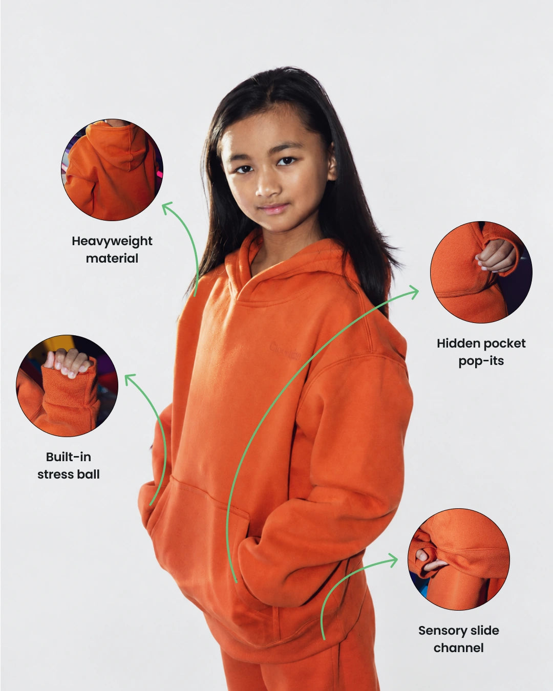 Soothe kids hoodie in Caramel - Sensory features overview