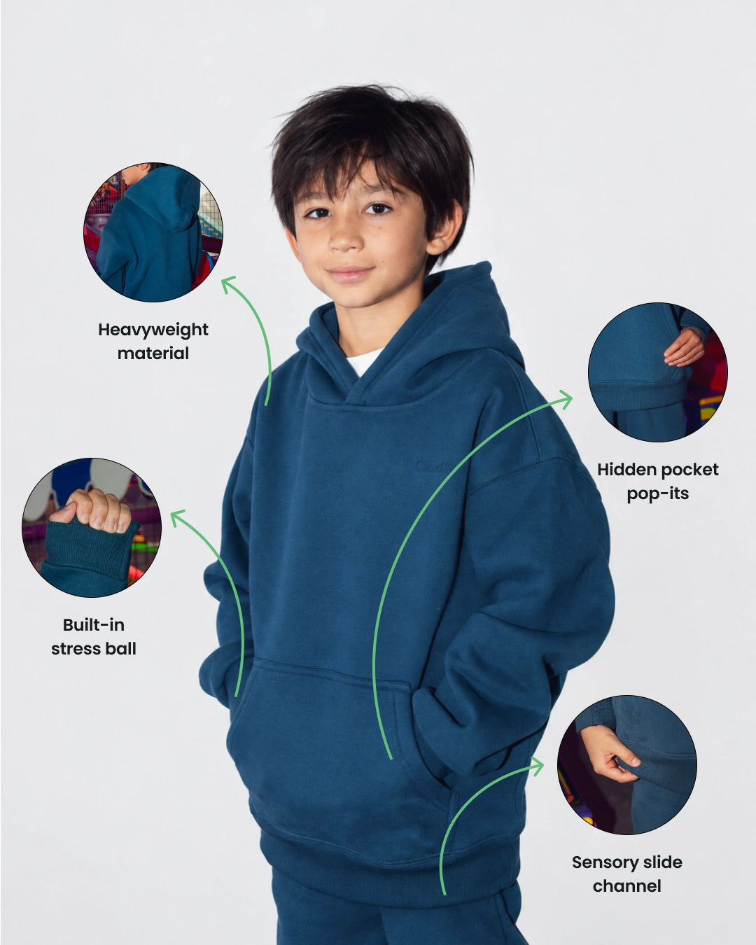Soothe kids hoodie in Denim Blue - Sensory features overview