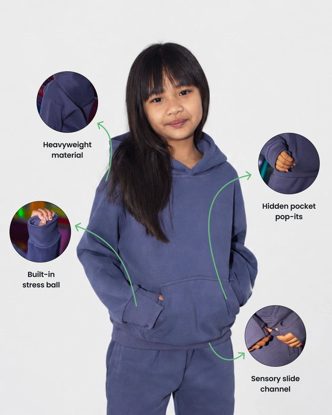 Soothe kids hoodie in Moonlit Purple - Sensory features overview