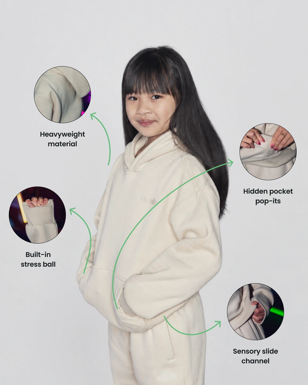 Soothe kids hoodie in Pearl - Sensory features overview
