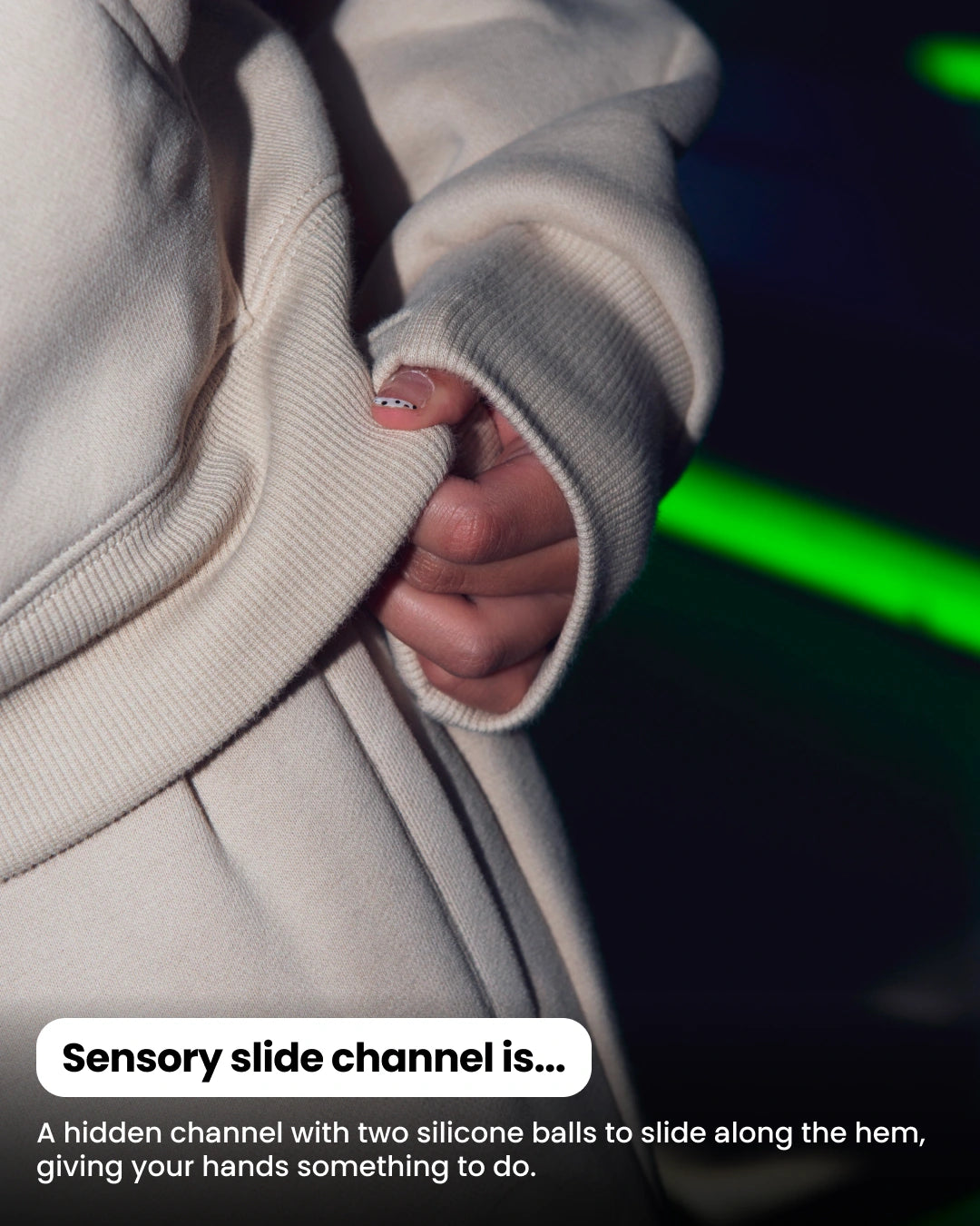 Soothe kids hoodie in Pearl - Maze Sensory Channel at the front hem
